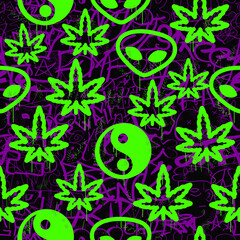 Graffiti,weed leaf,alien,Yin Yangseamless pattern wallpaper art.Vector graphic background illustration.Graffiti lettering,urban art seamless pattern wallpaper print concept