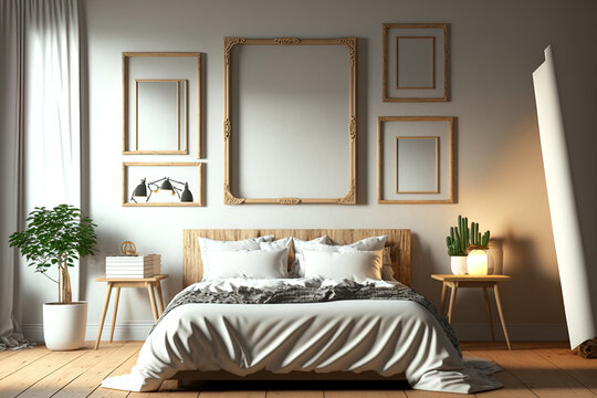 The bedroom has wooden frames with open spaces. templates for interior design. interior design with a rustic or bohemian flair. for your presentation, blank forms. Generative AI