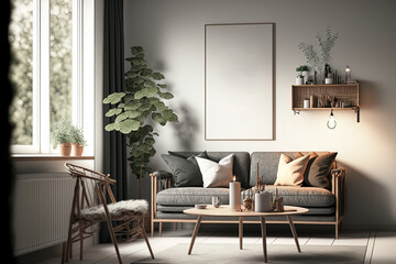 mock up poster depicting a cozy living area in a Scandinavian design with wooden furnishings. Generative AI