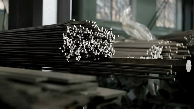 Round metal blank, metal blank, warehouse of metal billets at the factory.