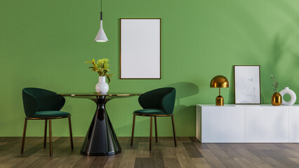 Modern living room with chairs, table, dresser, lamp and poster mockup. Interior with green wall. 3d mockup with pictures on the wall.