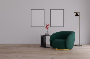 Modern living room with armchair, table and pictures in the frame. Light wall. Poster, mockup.