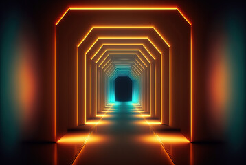 Abstract light tunnel, corridor with neon light. Hi-tech sci-fi passageway. Generative AI.
