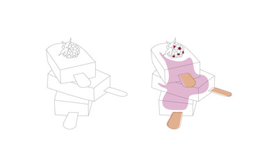 Ice cream with raspberry. Line art design vector illustration.