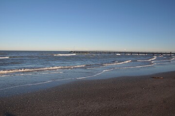 Italy, Emilia Romagna: Foreshortening of Rimini Beach in winter.