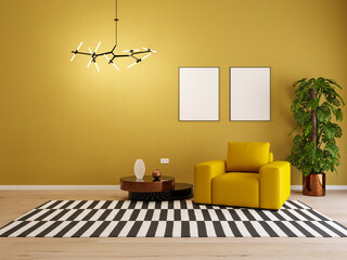 Modern living room with yellow armchair, table, pictures lamp and plants. Interior with modern colors. Mockup with pictures on the wall.