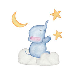 water color hand drawing elephant cute sleep with star and moon