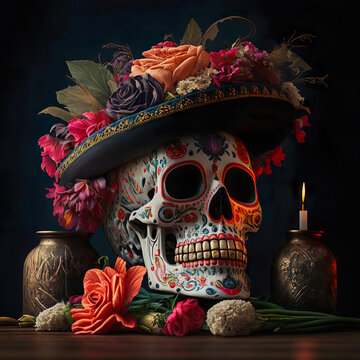 A white skull with patterns in a Mexican hat with flowers on the table. Day of the Dead. Created with Generative AI.