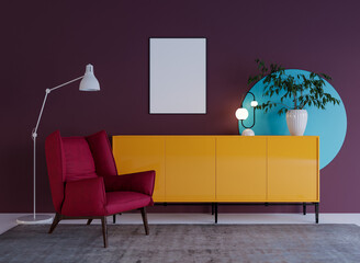 Modern living room with orange dresser, dark red armchair, plants, lamp and poster in the frame. Interior with dark purple wall.