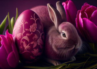 Violet Easter egg with rabbit on tulip background. Happy easter, holiday concept with copy space, 3d rendering