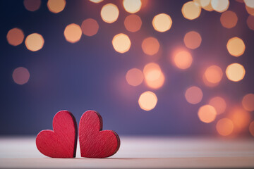 Saint Valentine day greeting card with two red hearts against festive bokeh background.