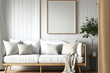 A draft of an unfinished project, a close up of a timber Scandinavian living room, a frame mockup with copy space, and decorations include a white fabric sofa with pillows and a blanket. contemporary