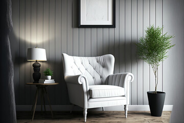 Interior design of living room with white armchair over the gray planks paneling wall. Farmhouse style. Empty poster frame on the wall. Home design. Generative AI