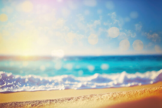 Blur beautiful nature on tropical beach with bokeh sun light wave abstract background. Copy space of summer vacation and business travel concept. Vintage tone filter effect color style. Generative ai