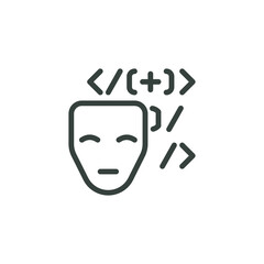 Outline Icon Binary Code and Mask. Such Line Symbol Spyware, AI Technology, Artificial Intelligence Error in Code Deception. Vector Isolated Custom Pictogram on White Background Editable Stroke.