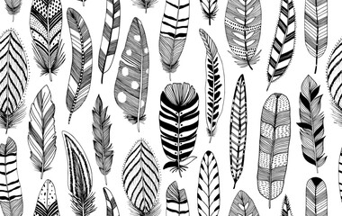 Hand drawn feather seamless pattern. Vector black and white ornament with animal parts. Outline drawing of plumes with decorative ornament on them. Sketch or doodle style organic abstract background.