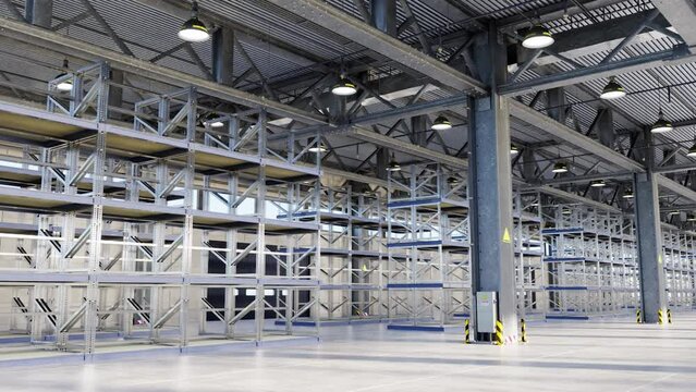 Empty shelves in modern storehouse 3d animation render