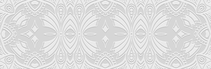 Luxury banner, art cover design. Embossed geometric ethnic 3d pattern on a white background, paper press, boho, art deco. Tribal textures of East, Asia, India, Mexico, Aztecs, Peru.