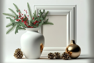 Vase with Christmas decorations and photo frame with copy space on white background. Generative AI