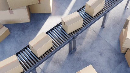 Carton boxes on conveyor system 3d loop animation