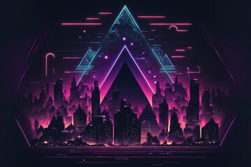 Futuristic Neon Cityscape Pyramid Triangle at Night Generative AI