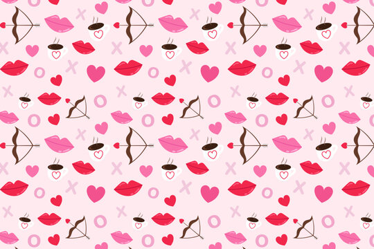 Romantic valentine's day pattern with hearts, cupid's bow, coffee mug and kisses. In pink colors, suitable for prints, posters, cards and gift wrapping