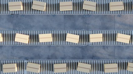 Cardboard boxes on conveyor rollers. infinite 3d loop