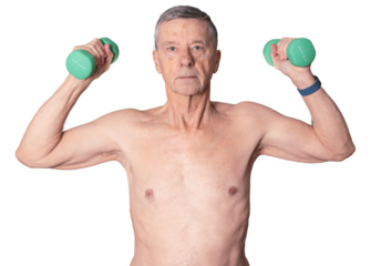 Senior man with naked chest exercising with arm or hand weights and isolated against white background