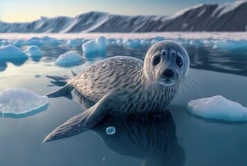 young Baikal seal on the ice of the lake, a species of earless seal that is unique to Lake Baikal in Siberia, Russia. AI generated image