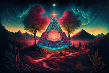 Neon Sacred Geometry in Mountainous Landscape at Sunset Generative AI