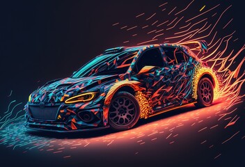 Futuristic Sports car or Rally Car Racing on Glowing Lines and Roads - An Extreme Sports Illustration with Glowing Light, Highlighting the Art of Car Racing generative ai