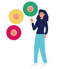 Emotional balance concept. woman develops Her emotional intelligence, definition of mood. Consciousness, self development and selfcontrol. Character juggles emoticons.