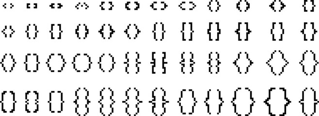 8 Bit pixel art curly braces icon set. isolated vector curly braces symbol. Pixelart style. Pixelated icons. 