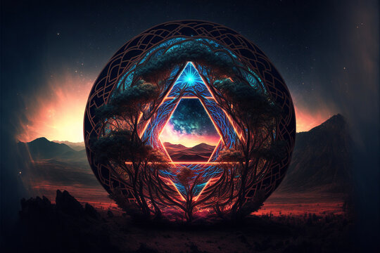 Neon Sacred Geometry in Mountainous Landscape at Sunset