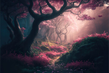 beautiful sunset lights in the magical fantasy spring time blossoming cherry tree sakura forest, generative ai