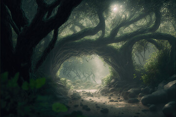 beautiful mistery lights in the magical fantasy forest, misty woods, generative ai