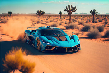 blue hypercar sportcar on the desert sand road, generative ai