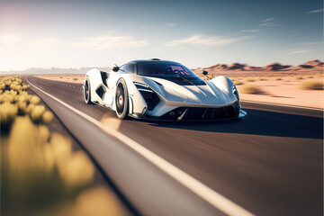 white hypercar sportcar on the desert highway, generative ai