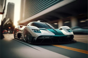 Peel and stick wall murals Cars luxury teal white hypercar sportcar on the suburban downtown street, generative ai