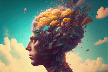 Generative AI illustration of annual collective mind concept art, exploding mind, inner world,...