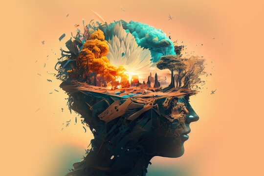 Generative AI illustration of annual collective mind concept art, exploding mind, inner world, dreams, emotions, imagination and creative mind