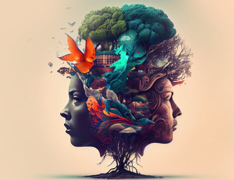 Generative AI illustration of annual collective mind concept art, exploding mind, inner world, dreams, emotions, imagination and creative mind