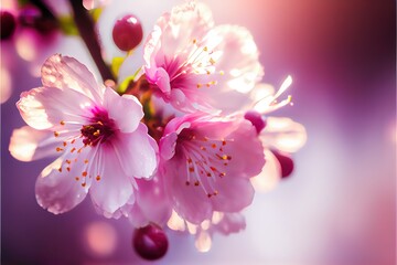 Generative AI illustration of spring banner, branches of blossoming cherry against pink background and nature outdoors. Pink sakura flowers, dreamy romantic image spring, copy space.