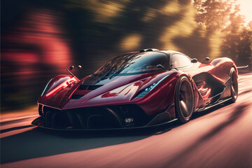 red hypercar sportcar on the forest highway, generative ai