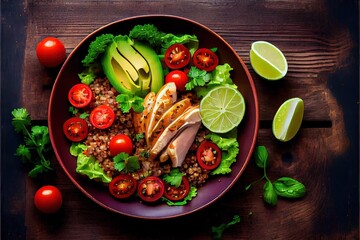 Generative AI illustration of healthy salad bowl with quinoa, tomatoes, chicken, avocado, lime and mixed greens, lettuce, parsley on wooden background top view. Food and health.