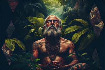 Fototapeta Generative AI illustration of man meditating in the jungle obraz