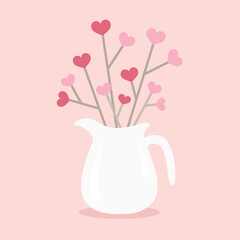 White jug with twigs and hearts bouquet. Romantic illustration for valentines day and wedding in flat style.