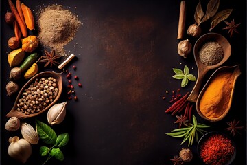 Fototapeta Generative AI illustration of wide variety spices and herbs on background of black table, with empty space obraz