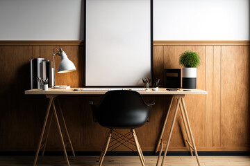 Poster frame mockup in a contemporary setting with a wooden desk. office architecture that is minimal. Generative AI