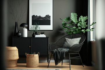 Black mock up poster frame, design commode, dino lamp, black rattan basket, teapot, books, and stylish accessories decorate this contemporary Scandinavian living room. Template. Generative AI